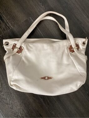 Elliott Lucca White Super Soft Leather Shoulder Tote with Tan Accents